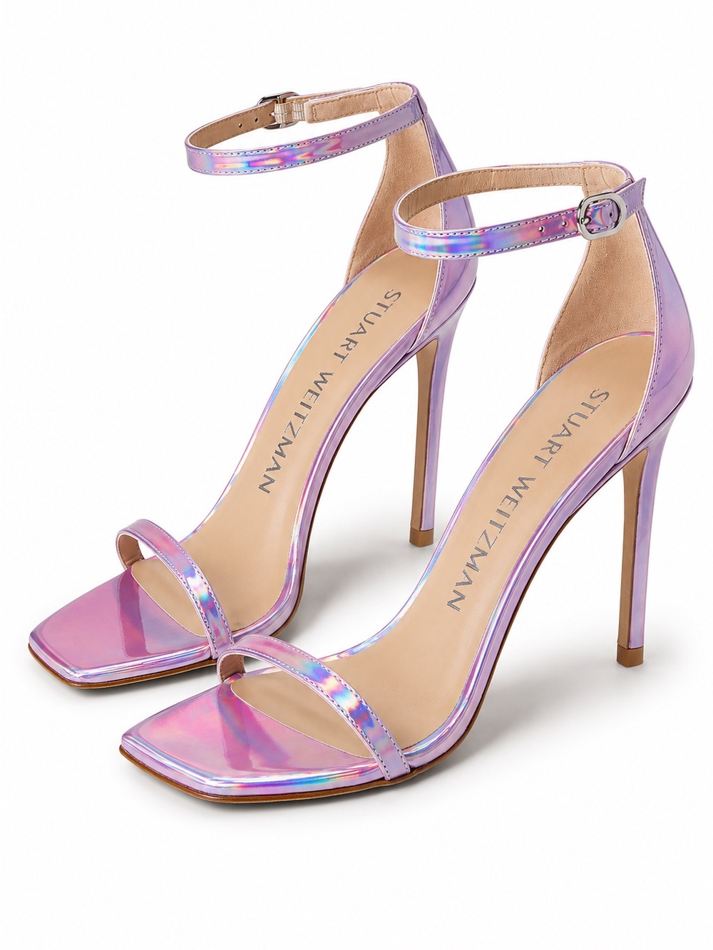 Stuart Weitzman Nudistcurve 100 Amatista Holographic Sandals Size 9 NWOB